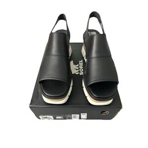 Sorel Joanie III Slingback Women's 9.5 Sandal Black Leather Wedge Heeled Shoe NW